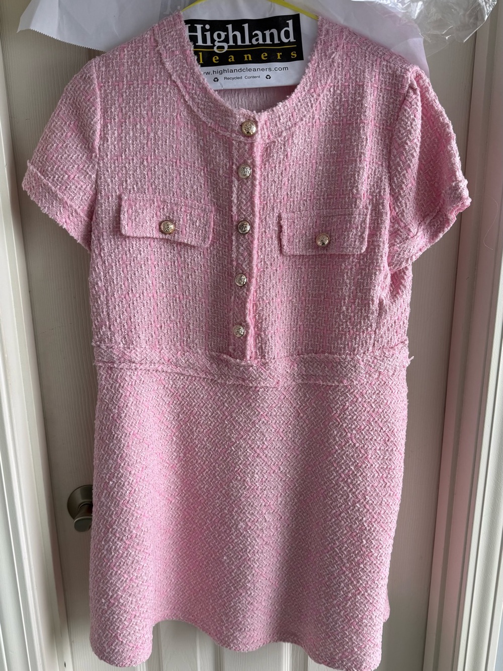 Pink dress with gold buttons, medium, short sleeves